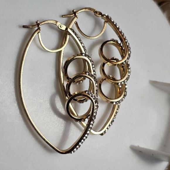 925 Sterling Silver Gold Plated With Crystal Swirl Twist Dangle Earrings 2 Inch - Picture 3 of 5